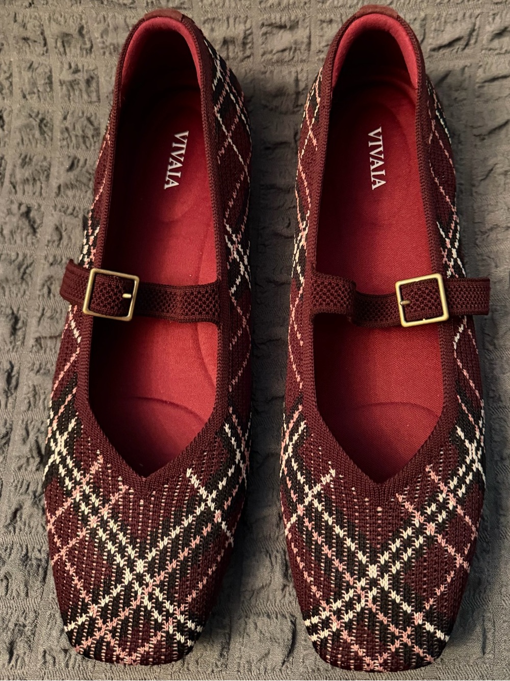 Women's Burgundy Plaid Mary Jane Flats VIVAIA